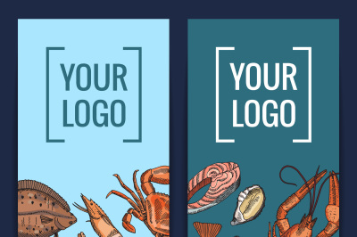 Vector card or flyer templates with colored hand drawn seafood element