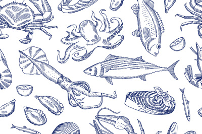 Vector hand drawn contoured seafood elements pattern