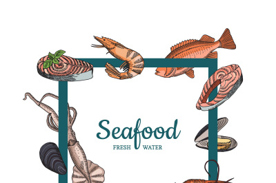 Vector hand drawn seafood elements flying