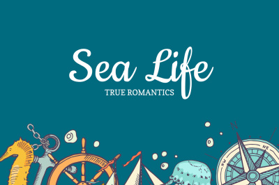 Vector sketched sea elements in color background with place for text