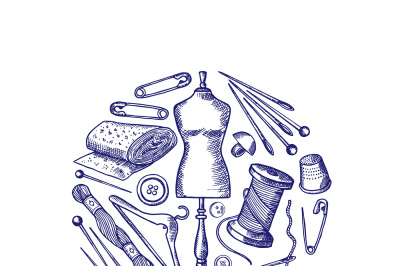 Vector hand drawn sewing elements illustration