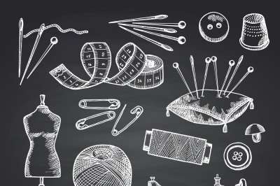 Vector set of hand drawn sewing elements on black chalkboard illustrat