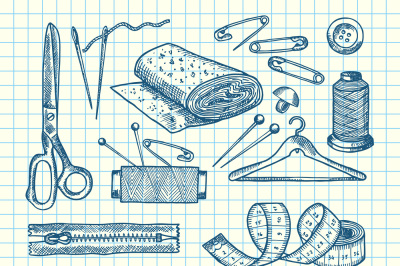 Vector set of hand drawn sewing elements illustration