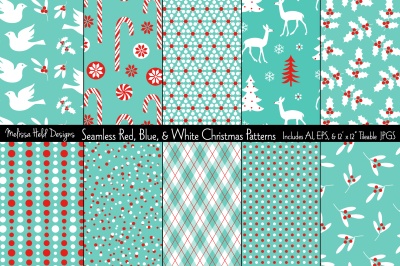 Seamless Red Blue Christmas Patterns