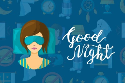 Vector with cartoon sleep elements, sleeping woman person