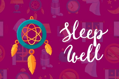 Vector background with cartoon sleep elements, dreamcatcher