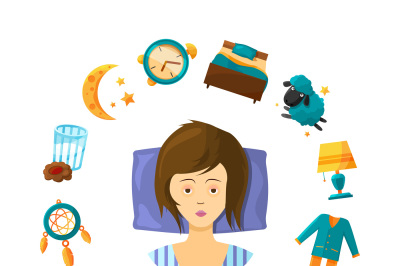 Vector sleeping disorder concept illustration with cartoon sleep eleme