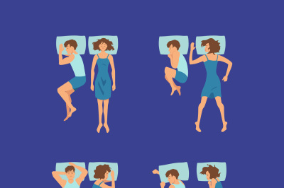 Vector set of couple of man and woman sleeping on pillows poses illust