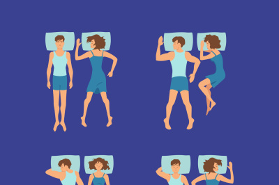 Vector set of couple of man and woman sleeping on pillows poses illust