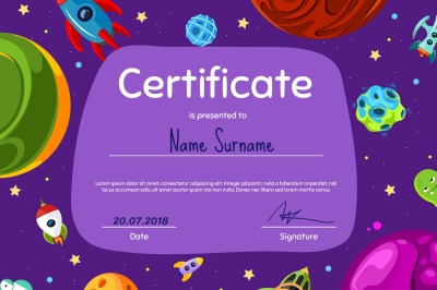 Vector children diploma or certificate with cartoon space planets