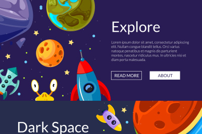 Vector web banners illustration with cartoon space planets and ships