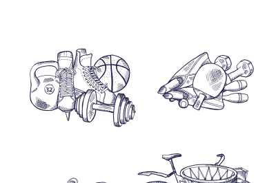 Vector hand drawn sports equipment piles set