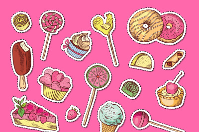 Vector hand drawn colored sweets stickers