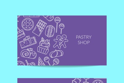 Vector business card template with linear style sweets icons for pastr