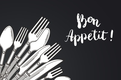 Vector illustration with hand drawn tableware on black background