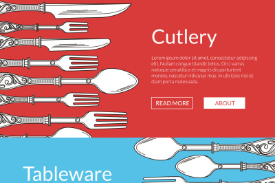 Vector web banners illustration with hand drawn tableware