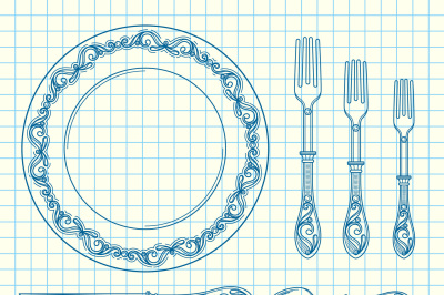 Vector set of hand drawn tableware