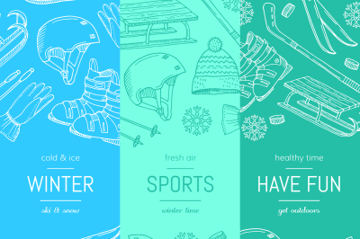 Vector hand drawn winter sports equipment and attributes vertical bann