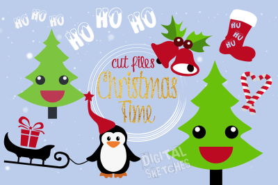 Christmas Cut File Set Penguin Gift Ho Ho Ho Christmas Stars Tree Star