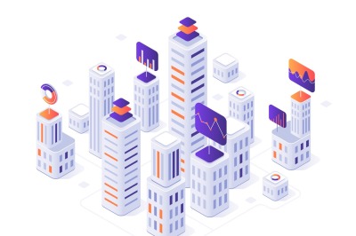 Isometric megalopolis infographic. City buildings, futuristic urban an