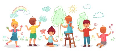 Kids drawing on wall. Childrens group draw color paintings on walls&2C; c