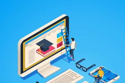 Isometric online teaching. Internet classroom, student learning at com