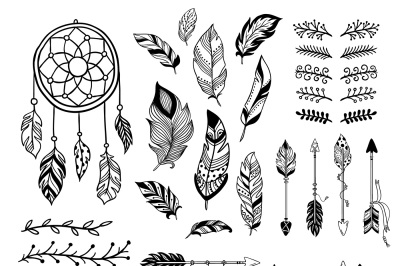 Boho art. Tribal arrow feather&2C; bohemian floral border and hippie fash