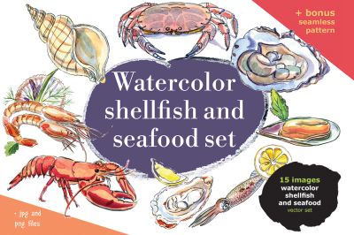 Watercolor shellfish and seafood set