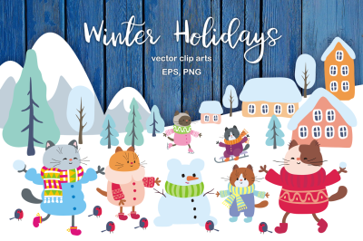 Winter Holidays. Funny cats vector set