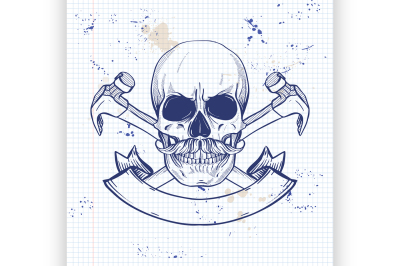 Hand drawn sketch&2C; skull with axes