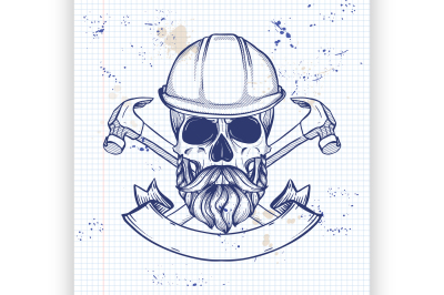 Hand drawn sketch, skull with axes