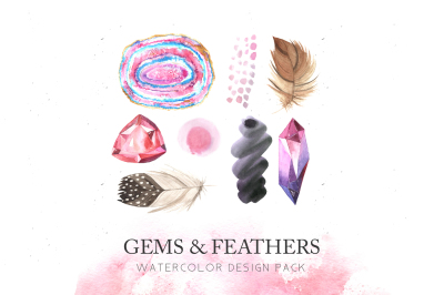 Watercolor Gems &amp; Feathers Set