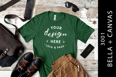 Heather Grass Green Male Bella Canvas 3001 T-Shirt Mockup