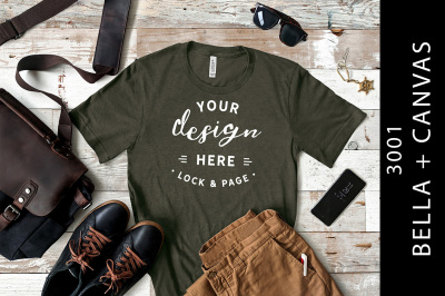 Men&#039;s Heather Military Green Bella Canvas 3001 TShirt Mockup