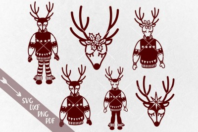 Christmas Reindeers bundle Deer Face in Ugly sweater cut files  