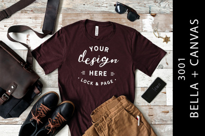 Male Oxblood Black Bella Canvas 3001 T-Shirt Guy&#039;s Flat Lay