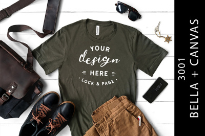 Male Army Bella Canvas 3001 T Shirt Mockup Masculine Flatlay