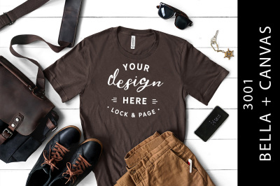 Men&#039;s Brown Bella Canvas 3001 Masculine TShirt Mockup