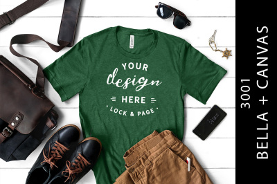 Male Heather Grass Green Bella Canvas 3001 T-Shirt Mockup