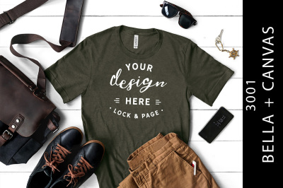 Male Heather Military Green Bella Canvas 3001 T-Shirt Mockup