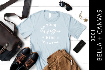 Men&#039;s Light Blue Bella Canvas 3001 T-Shirt Mockup Male Top