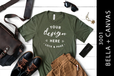 Military Green Men&#039;s Bella Canvas 3001 T-Shirt Mockup