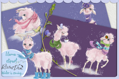 Cute pink llama alpacas winter clipart kit