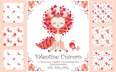 Valentine unicorn. Vector clip arts and seamless patterns