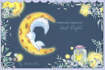 Arctic fox and glowworm night watercolor clipart kit for baby