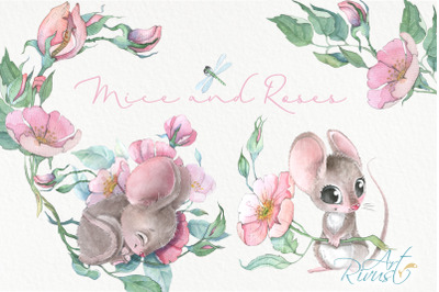 Watercolor cute mouse and wild rose flowers clipart set