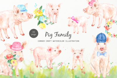 Watercolor pig family clipart for instant download 