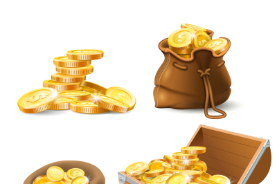 Golden coins stacks. Coin in old sack, large gold pile and chest