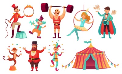 Circus characters. Juggling animals, juggler artist clown and strongma