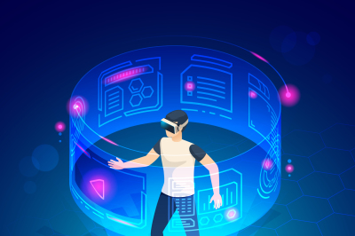 Isometric man in vr. Future world virtual goggles headset gadgets game